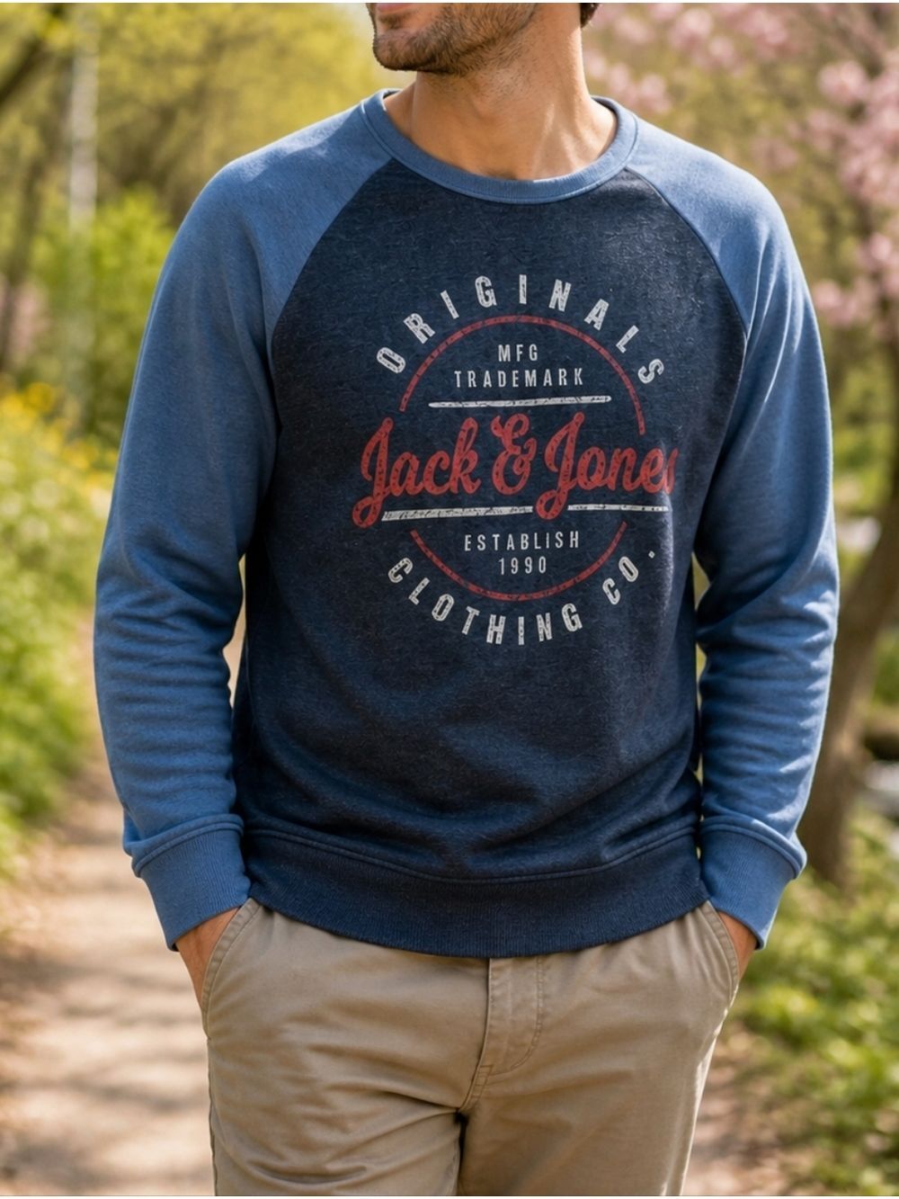 Jack & Jones Originals Blue Raglan Crewneck Sweatshirt Soft Cotton Fleece Casual